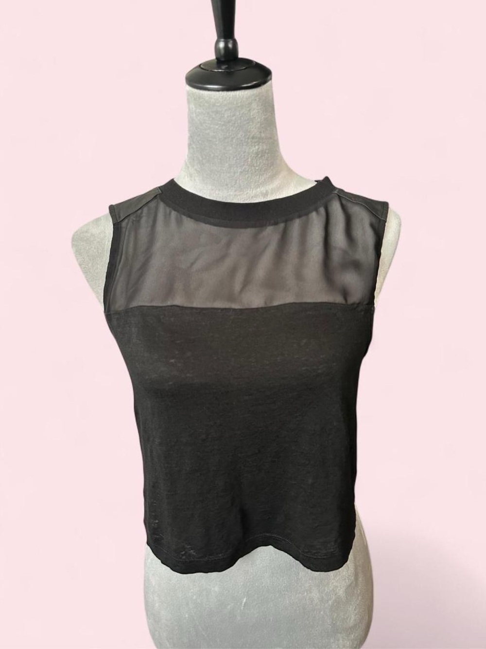 Alice + Olivia AIR Black Sheer Yoke Linen Blend Sleeveless Crop Top